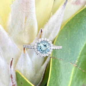 Aquamarine Round Cut Ring with Halo Diamond Accent