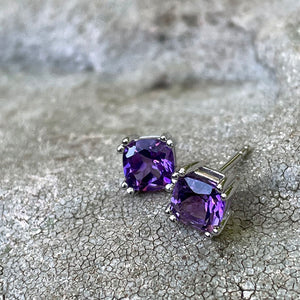 Double Claw Cushion Cut Amethyst Studs