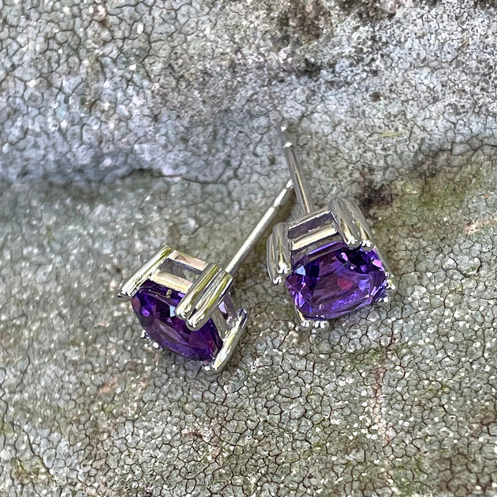 Double Claw Cushion Cut Amethyst Studs