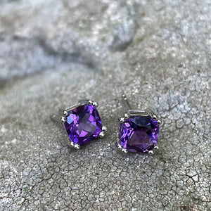 Double Claw Cushion Cut Amethyst Studs