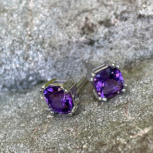 Double Claw Cushion Cut Amethyst Studs