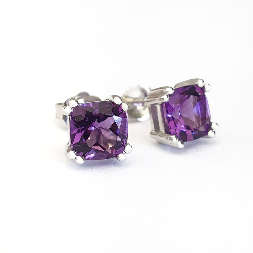  Double Claw Cushion Cut Amethyst Studs