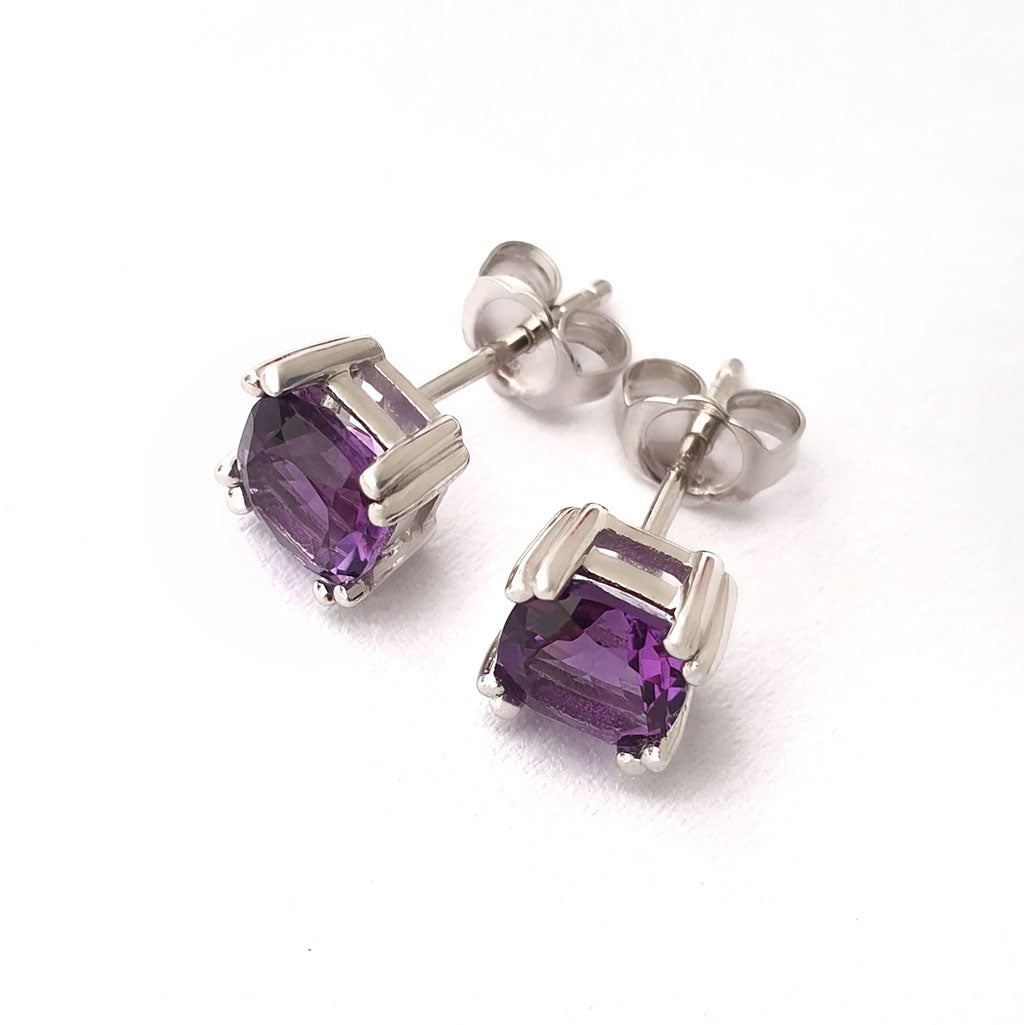  Double Claw Cushion Cut Amethyst Studs