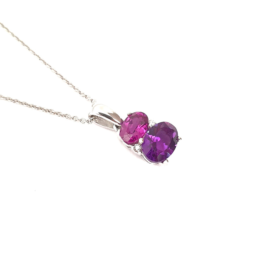 Double Oval Amethyst and Rhodolite Pendant with Diamond Highlight