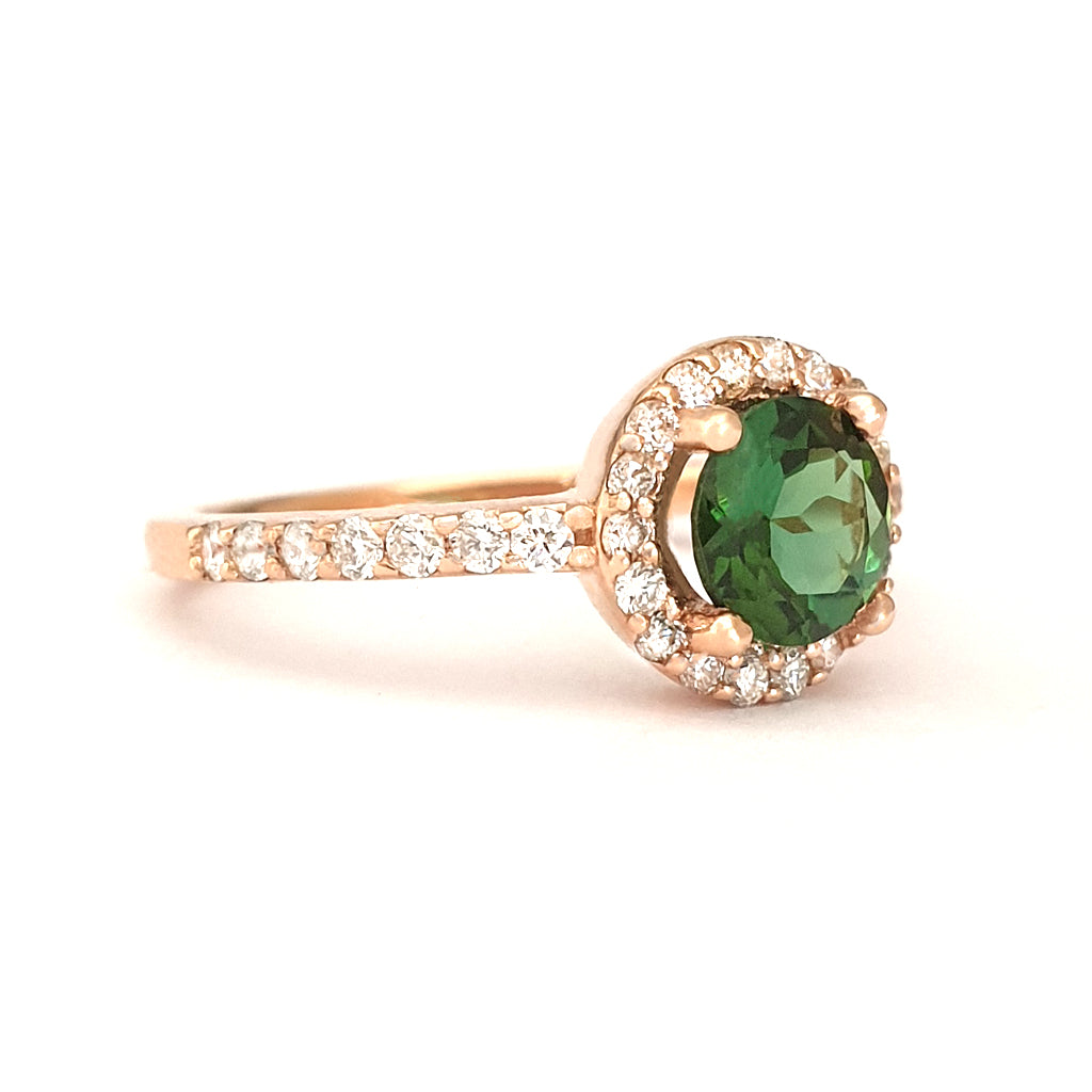 Elegance Defined Round Green Tourmaline and Diamond Halo Ring