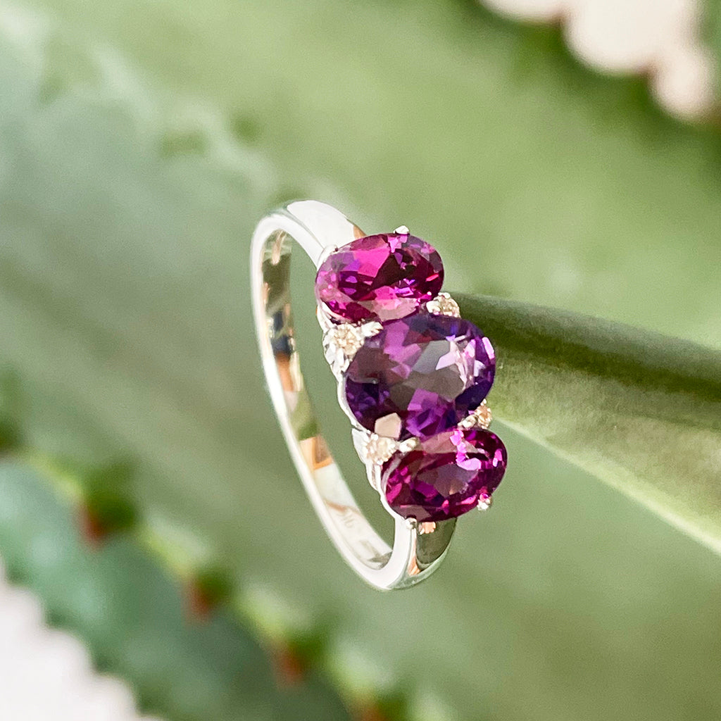 Elegant Trilogy Amethyst and Rhodalite and Diamond Ring