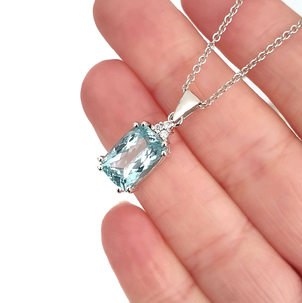 Handcrafted Cushion Cut Aquamarine and Diamond Pendant, with chain.