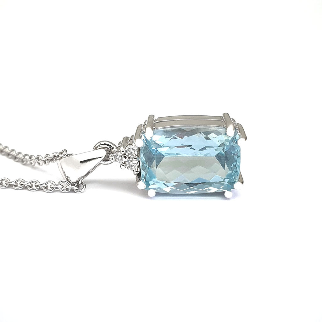 Handcrafted Cushion Cut Aquamarine and Diamond Pendant, with chain.