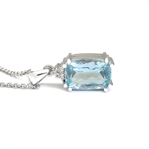 Handcrafted Cushion Cut Aquamarine and Diamond Pendant, with chain.