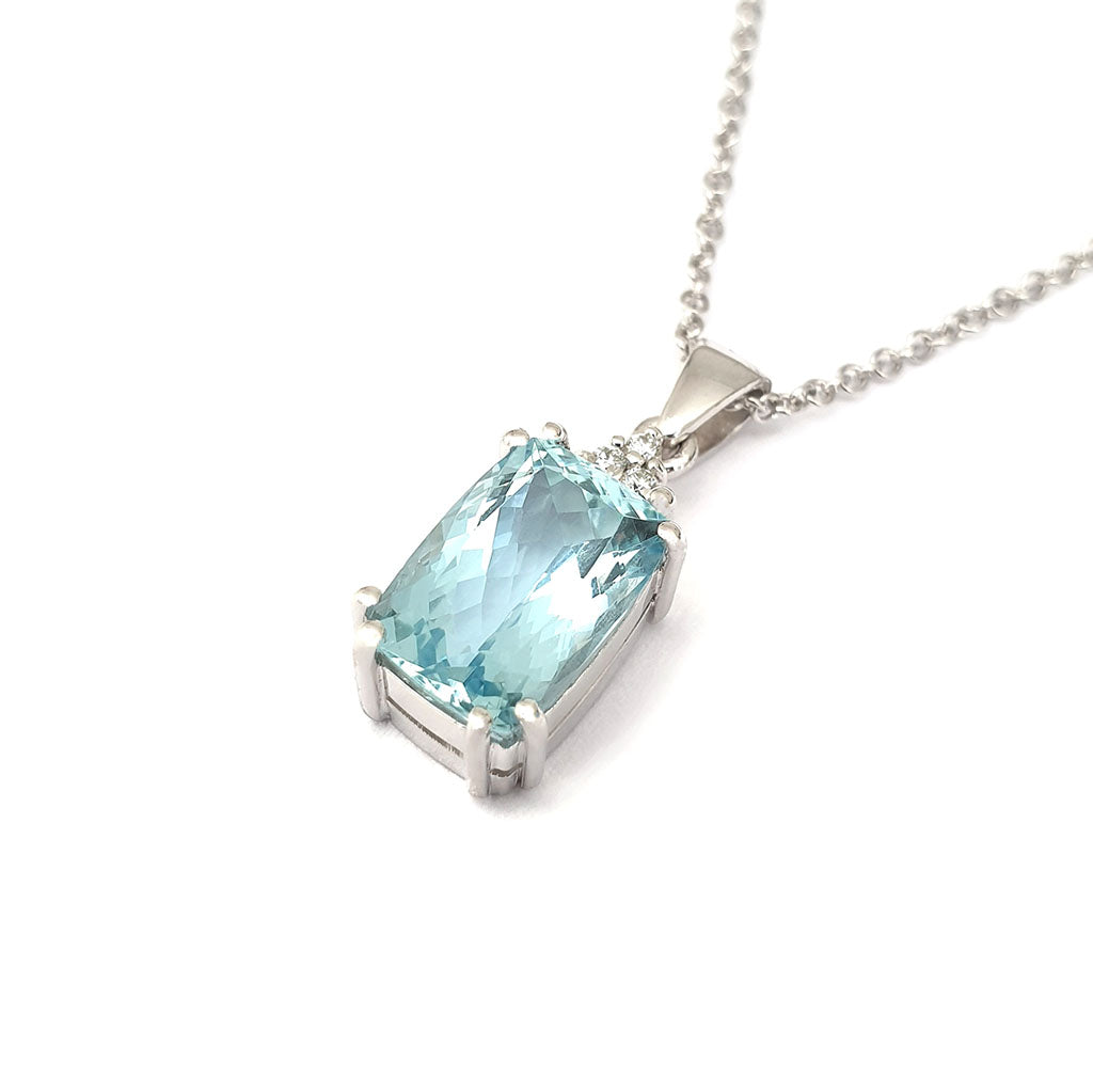 Handcrafted Cushion Cut Aquamarine and Diamond Pendant, with chain.