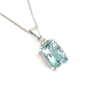 Handcrafted Cushion Cut Aquamarine and Diamond Pendant, with chain.