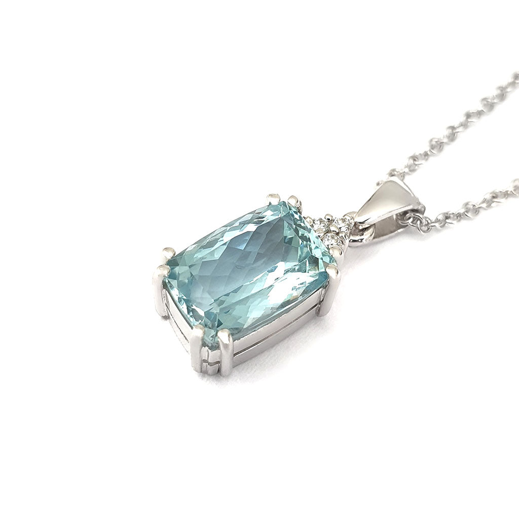 Handcrafted Cushion Cut Aquamarine and Diamond Pendant, with chain.