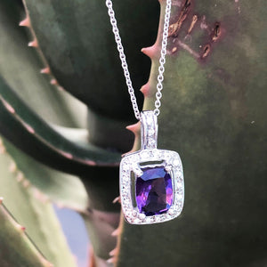 Amethyst Cushion Cut and Diamond Halo Pendant