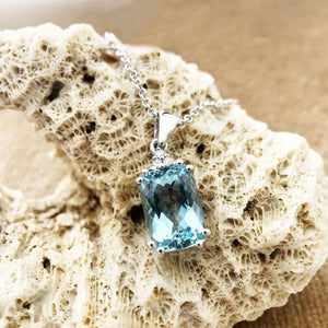 Handcrafted Cushion Cut Aquamarine and Diamond Pendant, with chain.