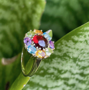 Rainbow Flower Garnet Cabochon Ring