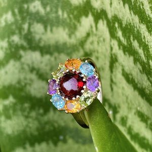 Rainbow Flower Garnet Cabochon Ring