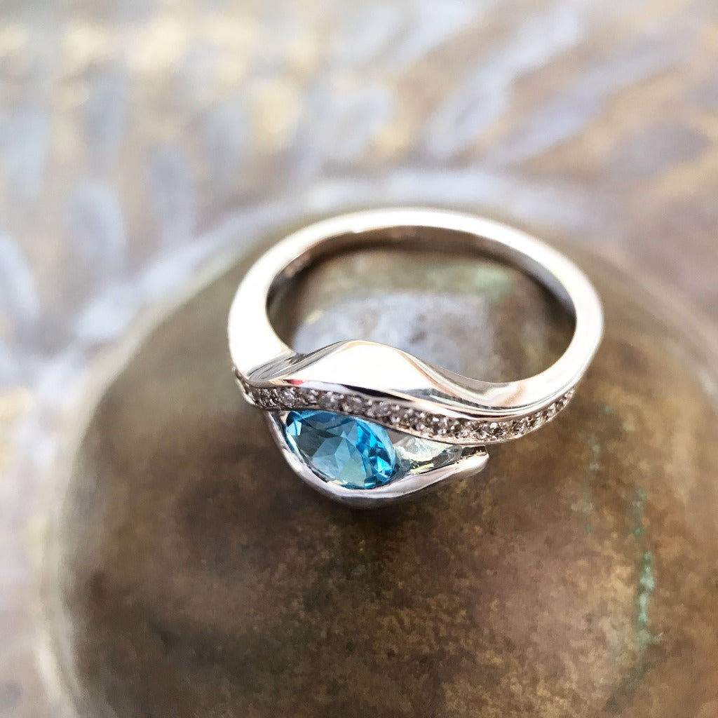 Round Cut Topaz and Pavé Diamond Ring