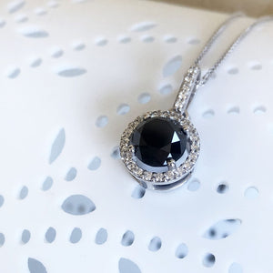 Round Cut Black Diamond Pendant with White Diamond Halo