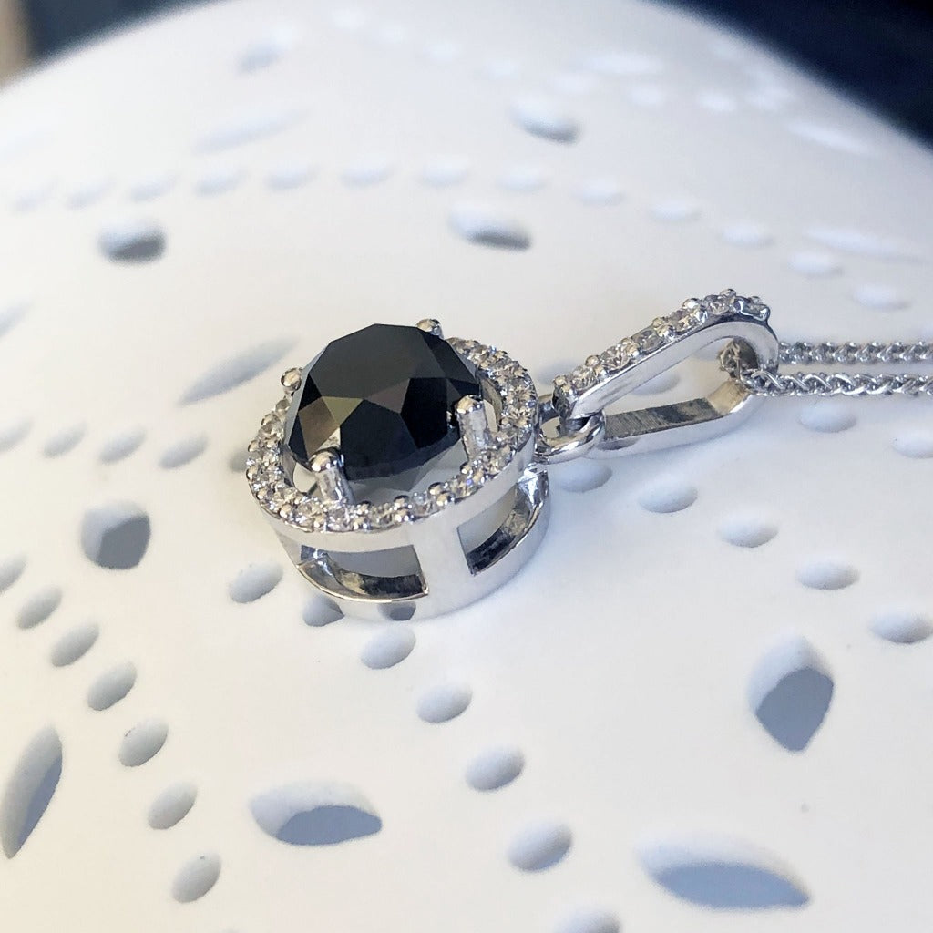 Round Cut Black Diamond Pendant with White Diamond Halo