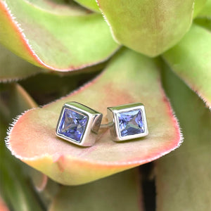 Classic Square Cut Tanzanite White Gold Bezel Set Studs