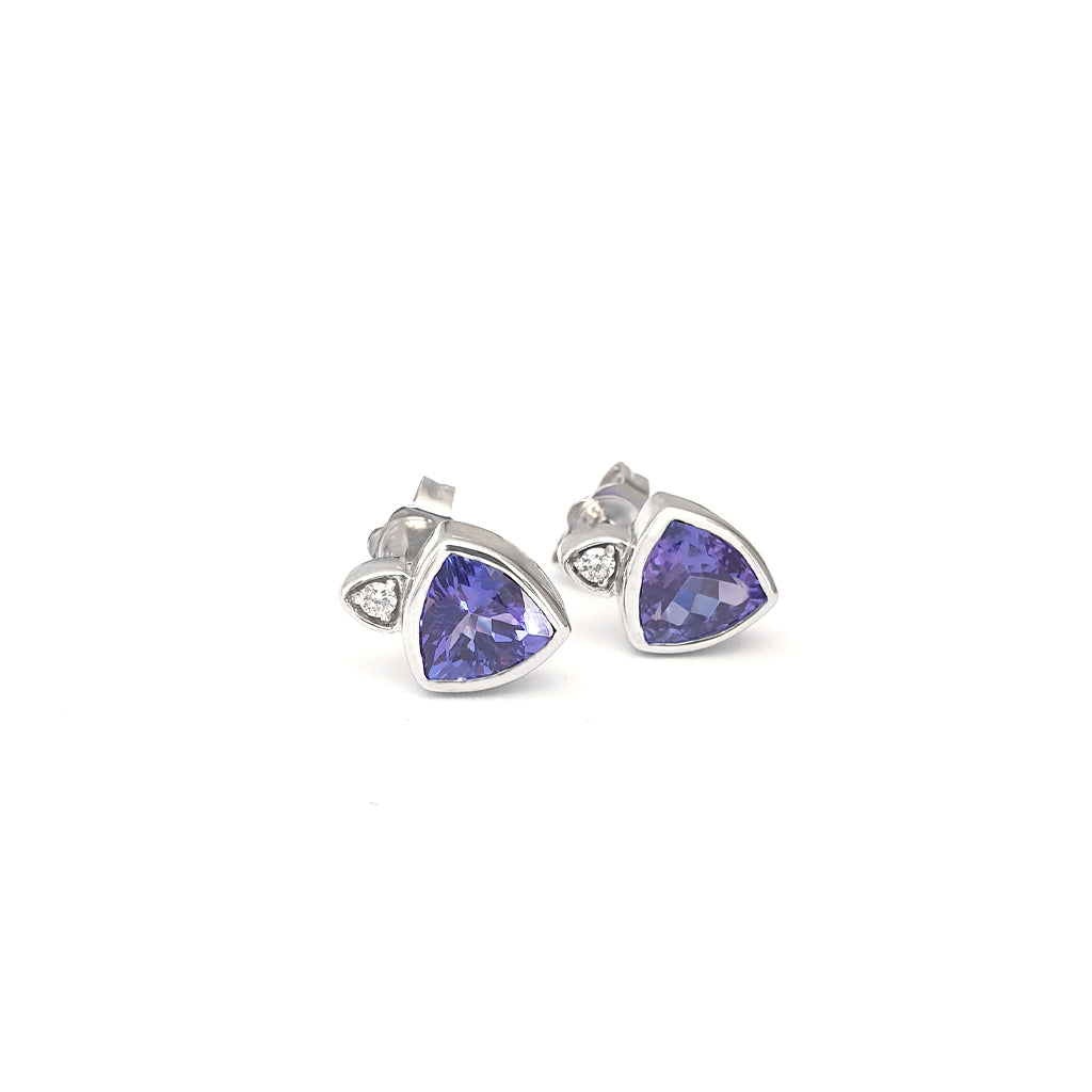 Elegant Trilliant Bezel Set Tanzanite and White Diamond Studs