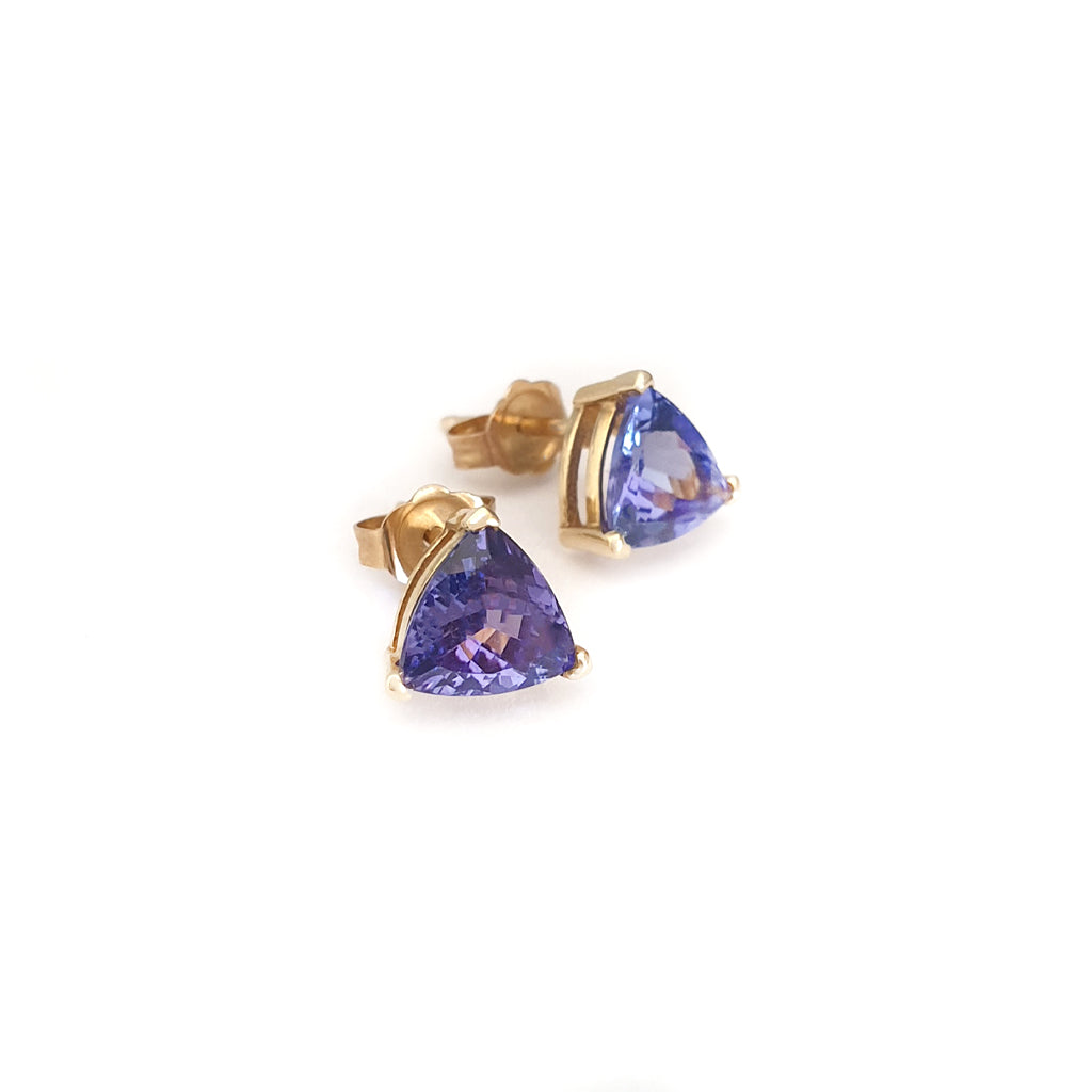 Classic Trilliant Cut Tanzanite Yellow Gold Claw Studs