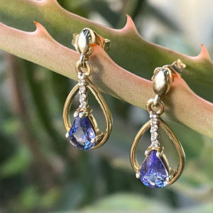 Yellow Gold Pear Cut Tanzanite Earrings with Diamond Strip Highlight