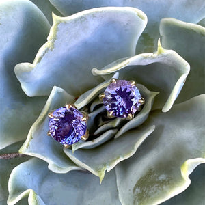 Elegant Floral Six Claw Round Cut Tanzanite Yellow Gold Studs