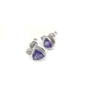 Elegant Trilliant Bezel Set Tanzanite and White Diamond Studs