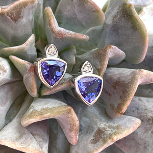 Elegant Trilliant Bezel Set Tanzanite and White Diamond Studs