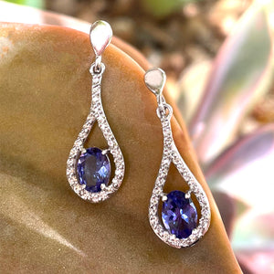 Unique Diamond Halo Oval Cut Tanzanite and Diamond White Gold Drop Earrings