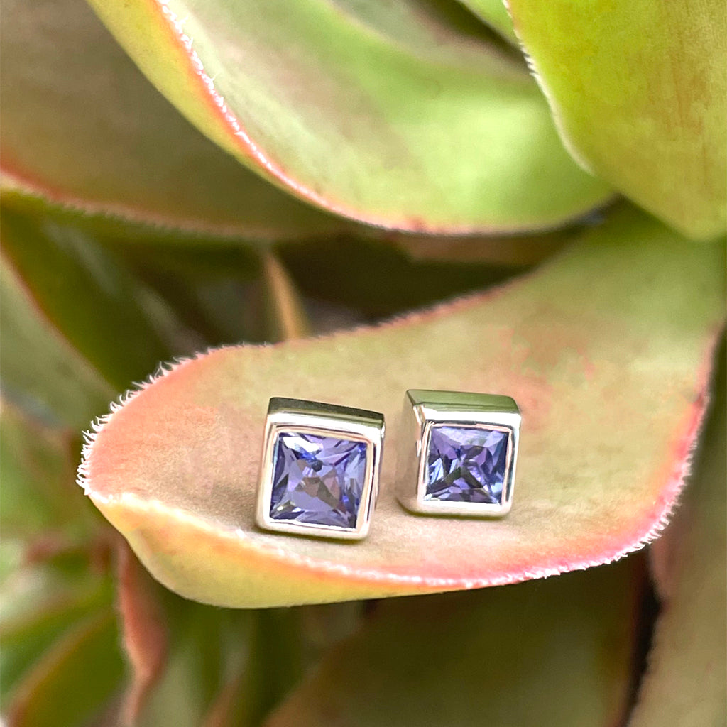 Classic Square Cut Tanzanite White Gold Bezel Set Studs