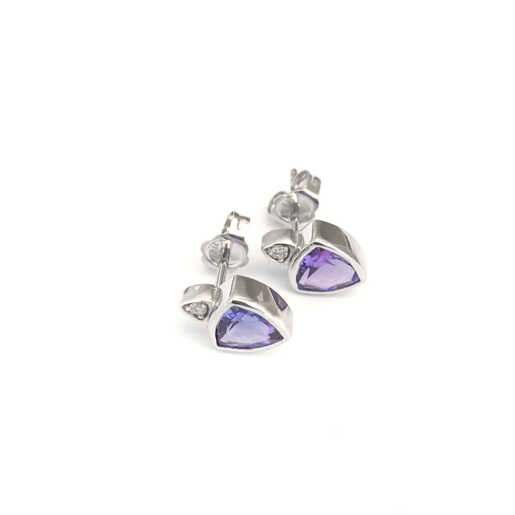 Elegant Trilliant Bezel Set Tanzanite and White Diamond Studs