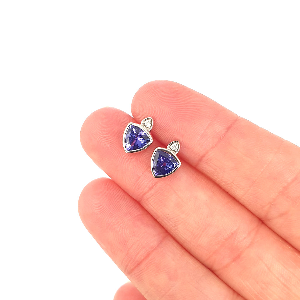 Elegant Trilliant Bezel Set Tanzanite and White Diamond Studs