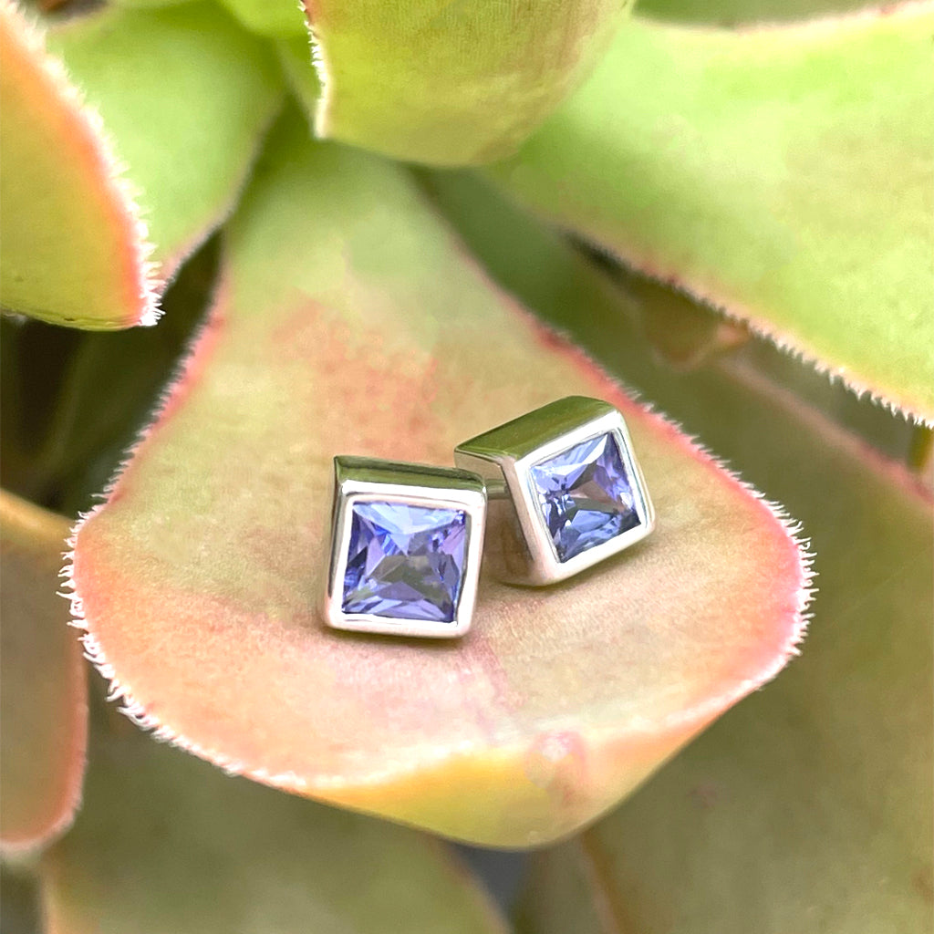 Classic Square Cut Tanzanite White Gold Bezel Set Studs