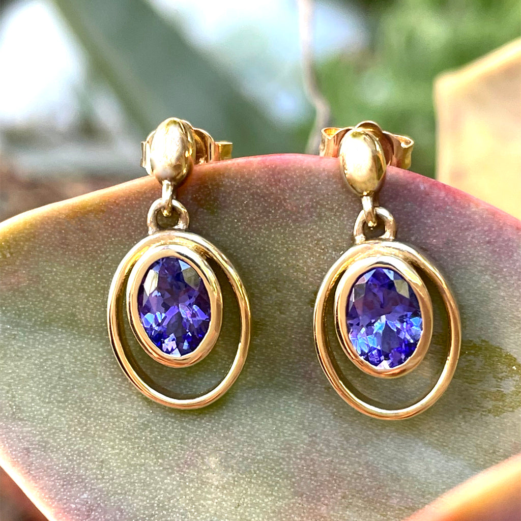 Double Hoop Oval Cut Bezel Set Tanzanite Drop Earrings