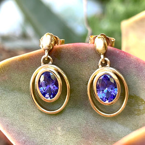 Double Hoop Oval Cut Bezel Set Tanzanite Drop Earrings