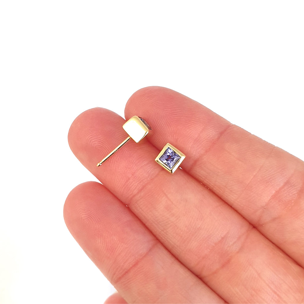 Classic Square Cut Tanzanite Yellow Gold Bezel Set Studs