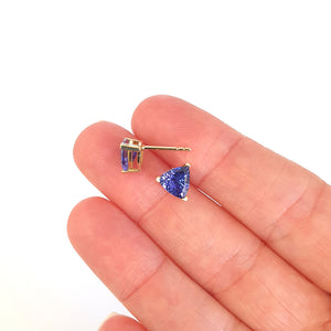 Classic Trilliant Cut Tanzanite Yellow Gold Claw Studs