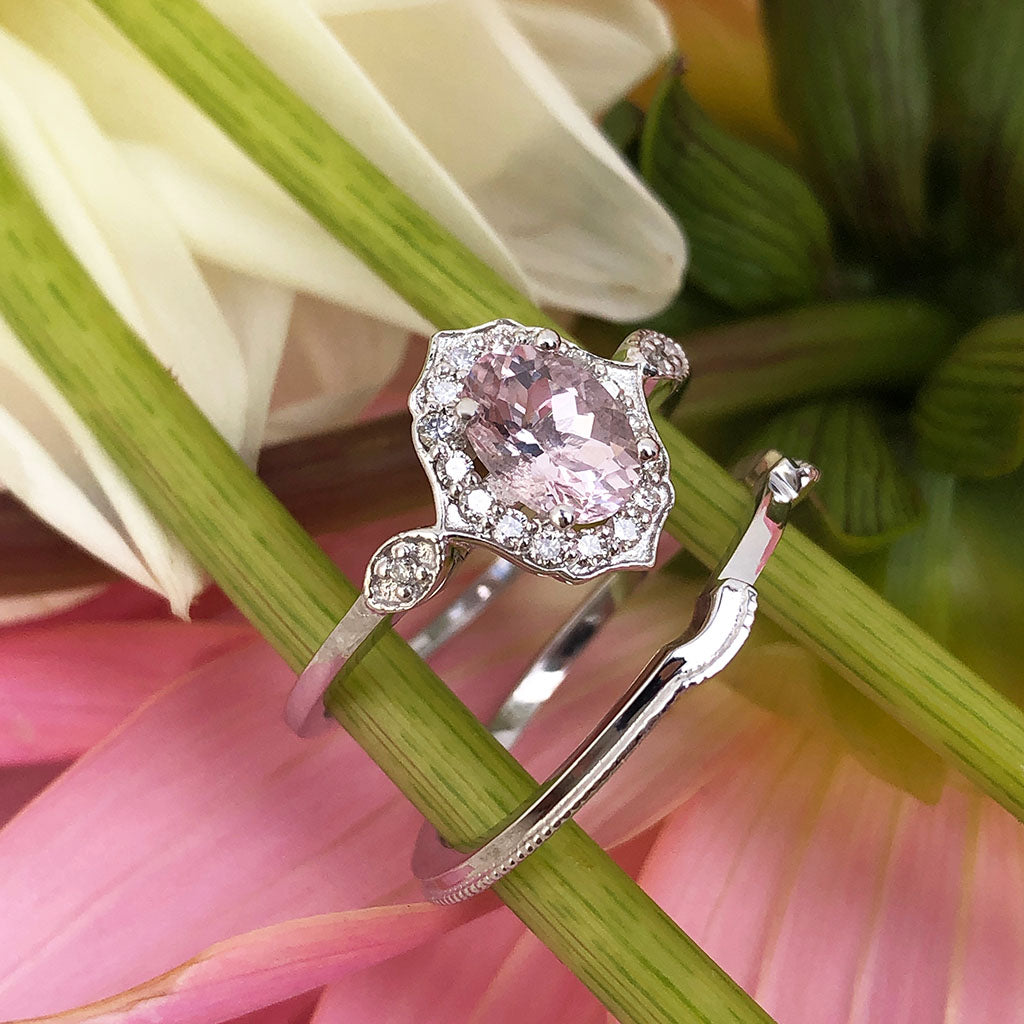 Pink Sapphire & Diamond Engagement Ring 18K White Gold
