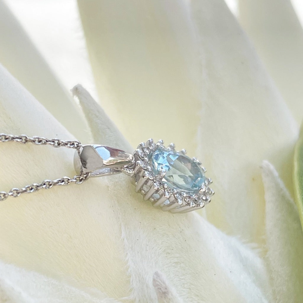 Oval Aquamarine Diamond Halo Pendant