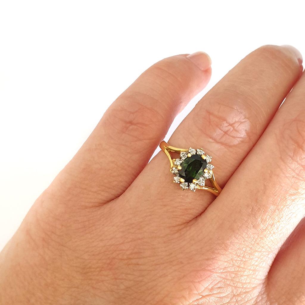 Oval Cut Green Tourmaline with Split Shank Yellow Gold Ring