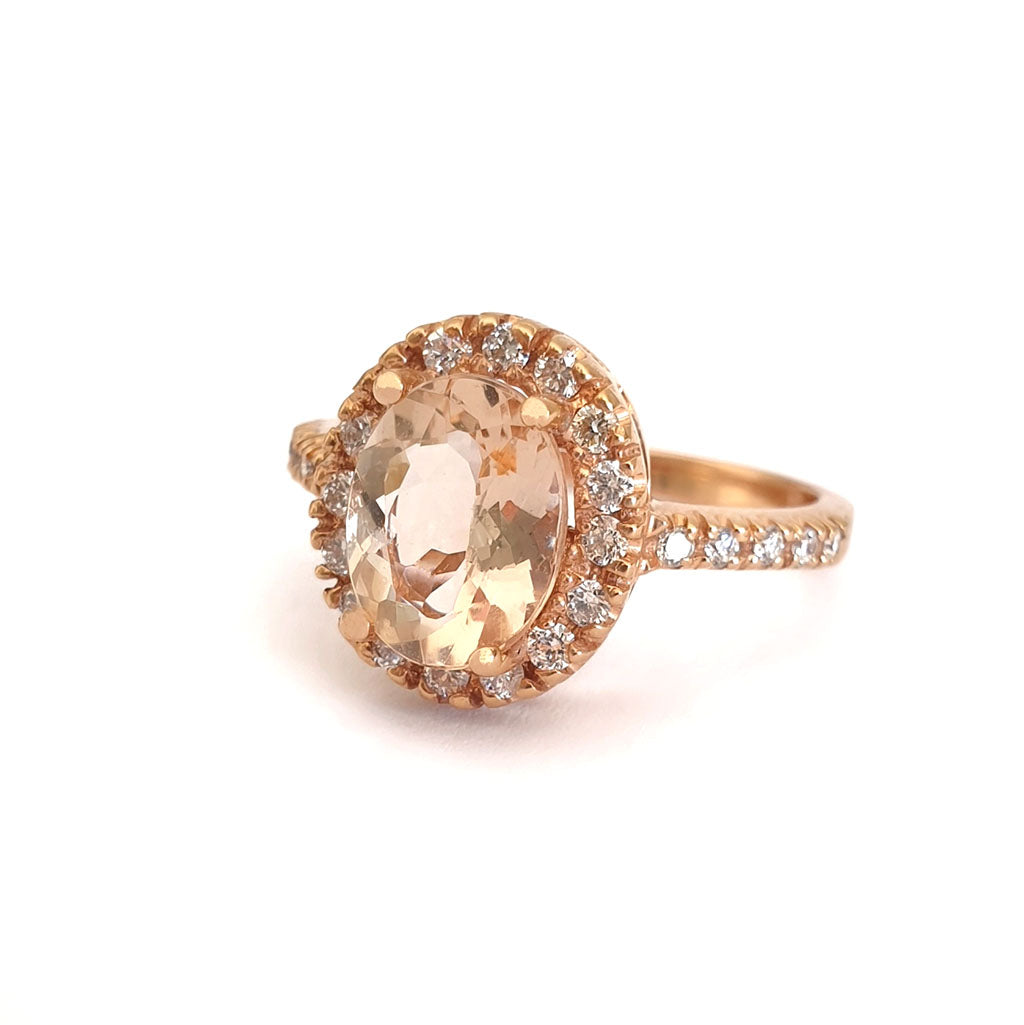 Oval Cut Morganite and Diamond Halo Ring