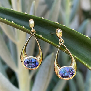 Oval Hooped Droplet Shaped Tanzanite Yellow Gold Earrings