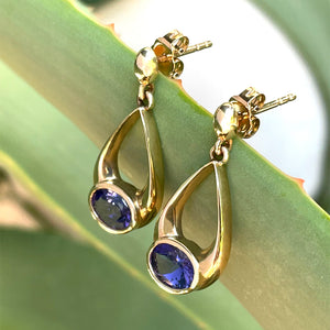 Oval Hooped Droplet Shaped Tanzanite Yellow Gold Earrings