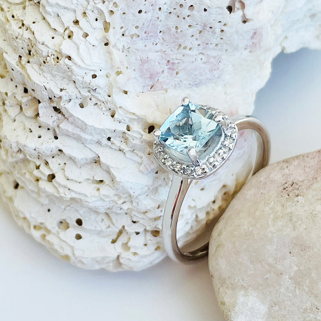 6.64ctw Aquamarine & Diamond Halo Ring, by Canera – Jewels by Grace
