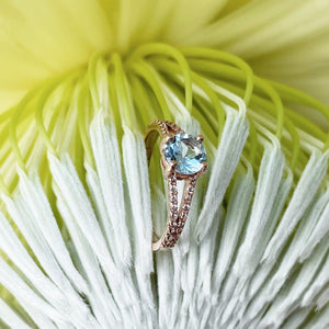 Rose Gold Aquamarine Split Shank Accent Diamond Ring