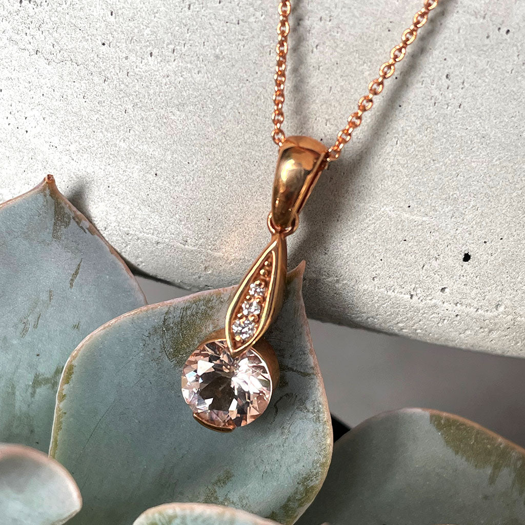 Rose Gold Bezel Set Morganite Pendant with Droplet Diamond Bale Highlight