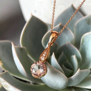 Rose Gold Bezel Set Morganite Pendant with Droplet Diamond Bale Highlight