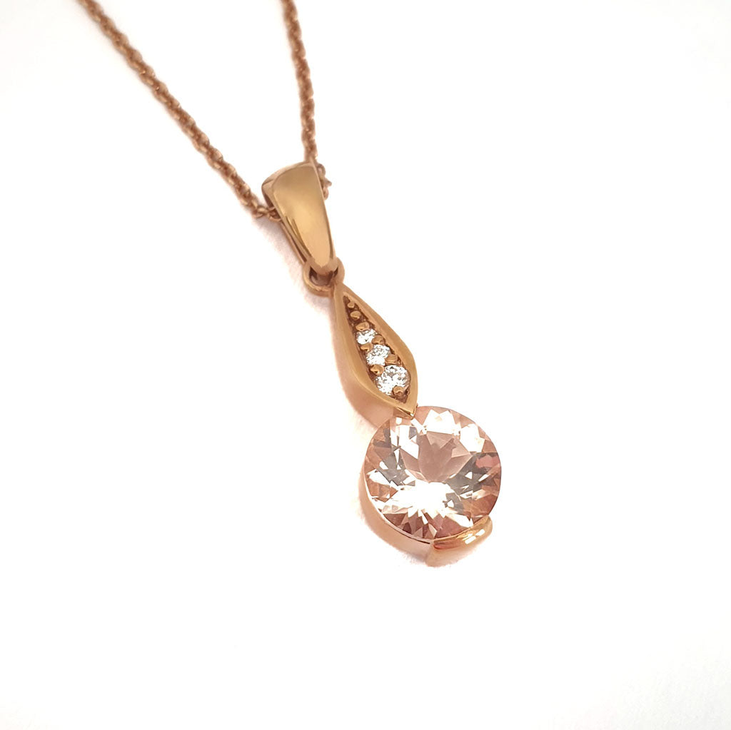  Rose Gold Bezel Set Morganite Pendant with Droplet Diamond Bale Highlight